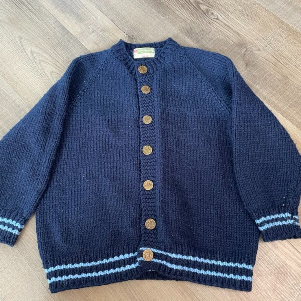 Handmade Vintage Navy Button Up Kids Sweater W/gold Buttons